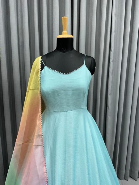 Aqua Blue Designer Chinon Gown With Organza Silk Dupatta Kurti With Dupatta Wholesale