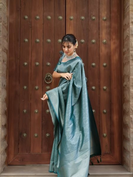 Aqua Mist Banarasi Soft Silk Saree with Rich Weaving Stylish Pick for Festive Gifting  Banarasi Saree Wholesale