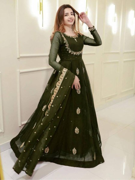 Artistic Mehendi Green Wedding Wear Georgette Sequence Embroidery Long Gown and Dupatta for Wedding Wear  Kurti With Dupatta Wholesale