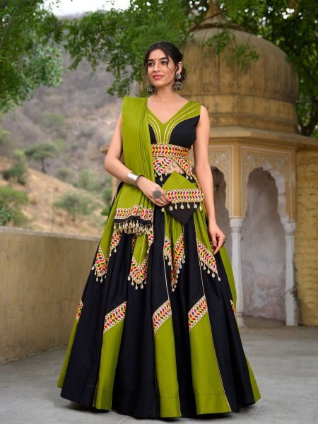 Attractive Black   Mint Green Cotton Silk Lehenga Choli with Gamthi Work Perfect for Festive Occasions 