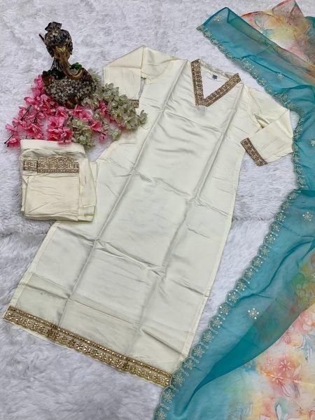  Attractive Embroidery Work Kurti Pant With Soft Organza Dupatta  3 Piece Kurti Set