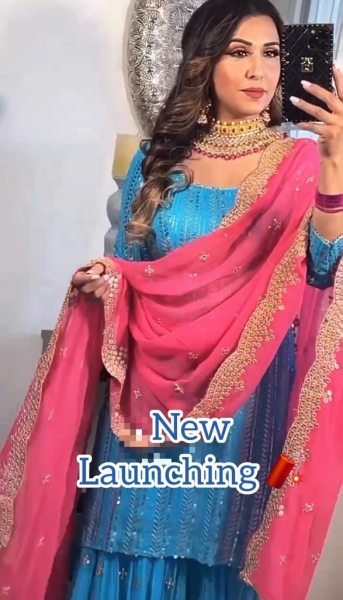 Attractive Party Wear Sky Color Fox Georgette Silk Sharara Set  Ready To Wear Collection