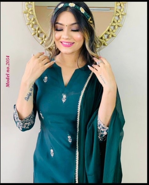Attractive Rayon Embroidery Kurti Pant Set  3 Piece Kurti Set