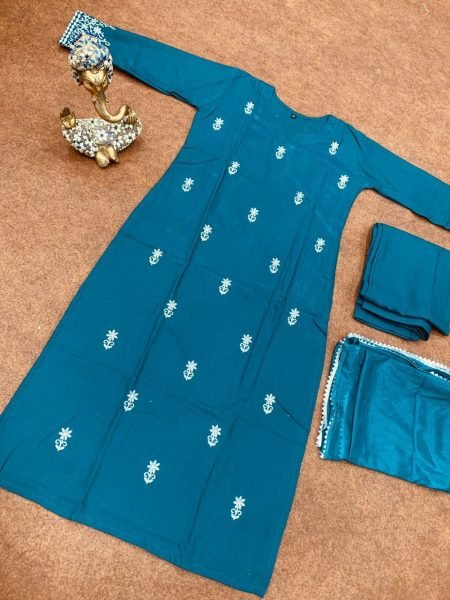 Attractive Rayon Embroidery Kurti Pant Set  3 Piece Kurti Set