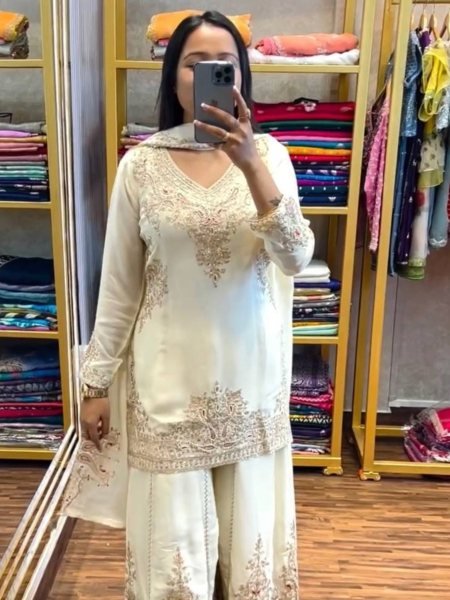 Attractive White Party Wear Heavy Embroidered Salwar Suit Ready To Wear Suit