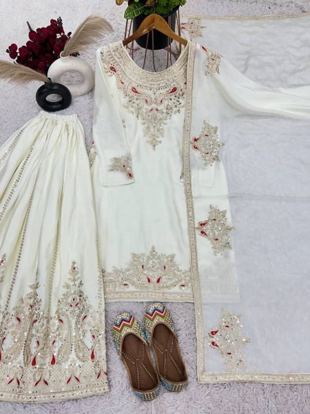 Attractive White Party Wear Heavy Embroidered Salwar Suit Ready To Wear Collection