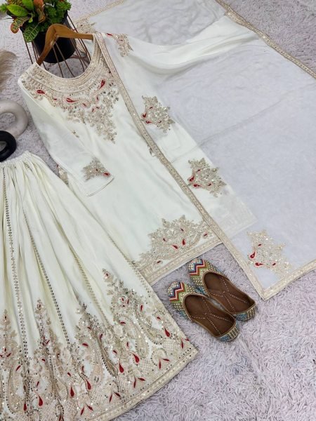 Attractive White Party Wear Heavy Embroidered Salwar Suit Ready To Wear Collection