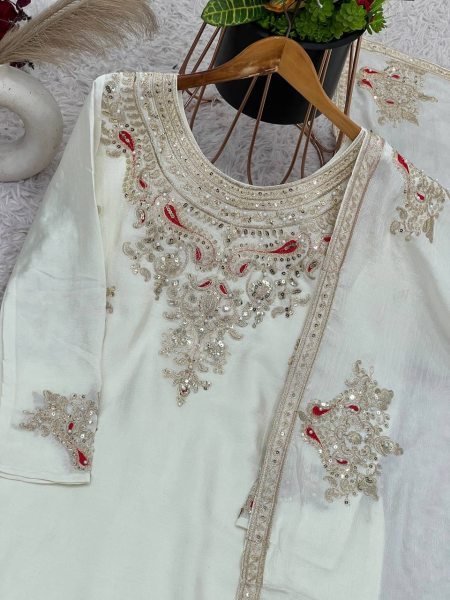 Attractive White Party Wear Heavy Embroidered Salwar Suit Ready To Wear Collection