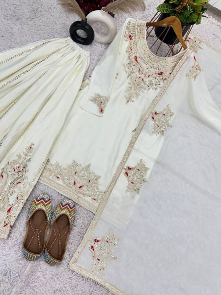 Attractive White Party Wear Heavy Embroidered Salwar Suit Ready To Wear Collection