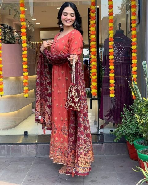 Authentic Luxurious  Roman silk Anarkali suit with dupatta In Best Price Anarkali Kurtis 