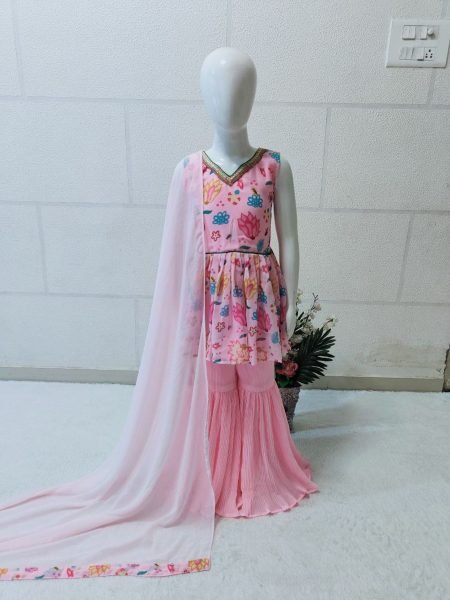 Baby Pink Color Faux Georgette Girls Plazzo Set  Girls Wear