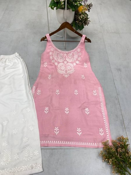 Baby Pink Embroidered Kurti with Palazzo Graceful Everyday Ethnic Charm Lucknowi Chikankari Kurtis Wholesale