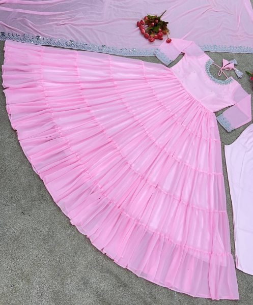 Baby Pink Georgette Embroidery Gown Pant With Dupatta 3 Piece Kurti Set