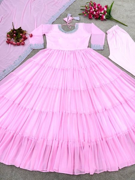 Baby Pink Georgette Embroidery Gown Pant With Dupatta 3 Piece Kurti Set