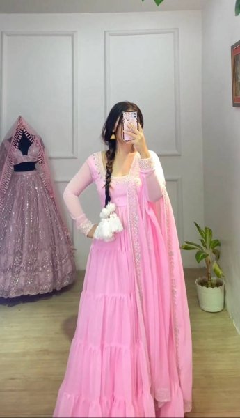 Baby Pink Georgette Embroidery Gown Pant With Dupatta 3 Piece Kurti Set