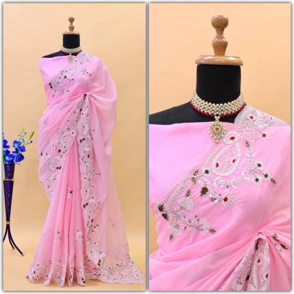 Baby Pink Jimmy Cho Embroidery Saree Embroidery Sarees Wholesale