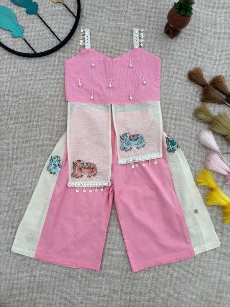 Baby Pink Khadi Co -Ord Set for Kids with Beadwork &  Lace Ethnic Readywear Girls Wear