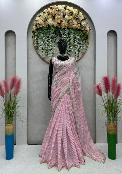 Baby Pink Mirror Sequin Embroidered Saree Bollywood Fancy Sarees Wholesale