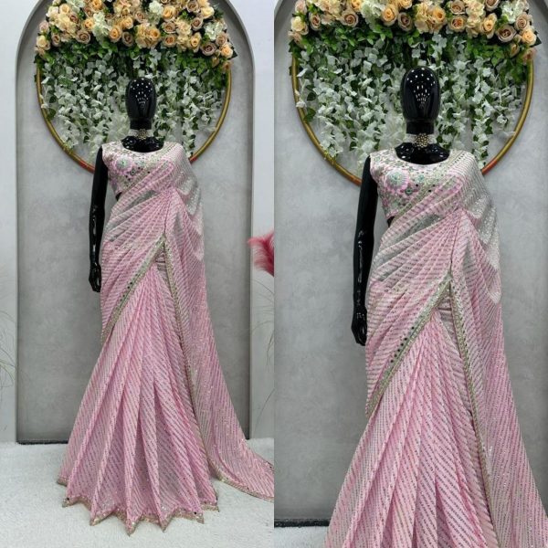 Baby Pink Mirror Sequin Embroidered Saree Bollywood Fancy Sarees Wholesale