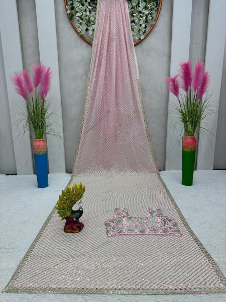 Baby Pink Mirror Sequin Embroidered Saree Bollywood Fancy Sarees Wholesale