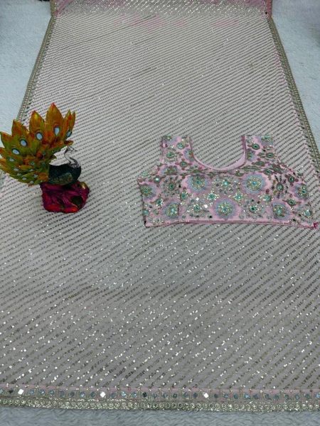 Baby Pink Mirror Sequin Embroidered Saree Bollywood Fancy Sarees Wholesale