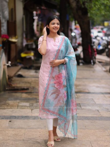 Baby Pink Organza Kurti Set with Embroidered Detail   Aqua Floral Dupatta Ready to Wear Elegance 