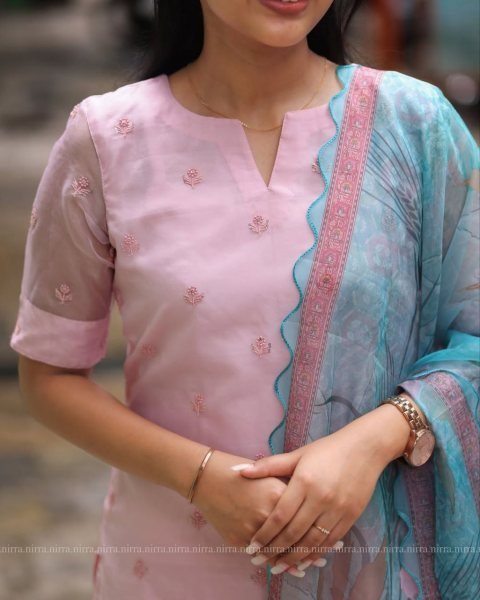 Baby Pink Organza Kurti Set with Embroidered Detail   Aqua Floral Dupatta Ready to Wear Elegance 3 Piece Kurti Set
