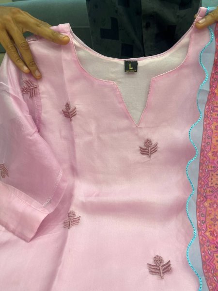 Baby Pink Organza Kurti Set with Embroidered Detail   Aqua Floral Dupatta Ready to Wear Elegance 3 Piece Kurti Set