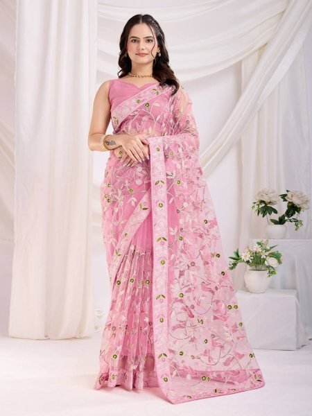 Baby Pink Soft Net Saree with Heavy Chikankari Work & Designer Blouse Net Sarees Wholesale