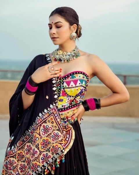 Balck Color Butter Silk Lehenga Choli With Mirror Work  Navratri Lehnega Choli