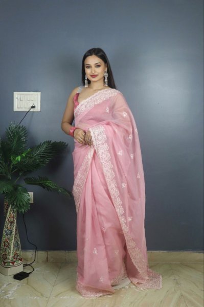Banarasi Embroidery Organza Saree  Sequence Design CutWork Border Organza Sarees Wholesale