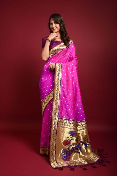Banarasi Soft Silk Paithani Saree With Fancy Zari Weaves Border Banarasi Saree Wholesale