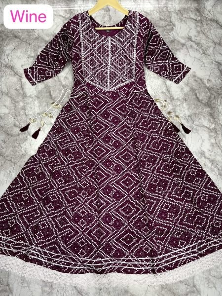  Bandhej print  with Embroidery Long Anarkali Gown Anarkali Kurtis 