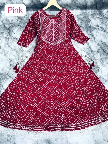  Bandhej print  with Embroidery Long Anarkali Gown Anarkali Kurtis 