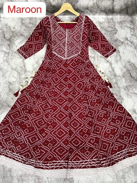  Bandhej print  with Embroidery Long Anarkali Gown Anarkali Kurtis 