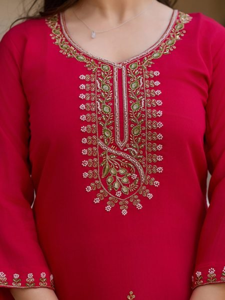 Bead Work Viscose Chanderi Kurti Suit Set with Printed Organza Dupatta Ready to Wear 3 Piece Set at Manufacturer Rate 3 Piece Kurti Set