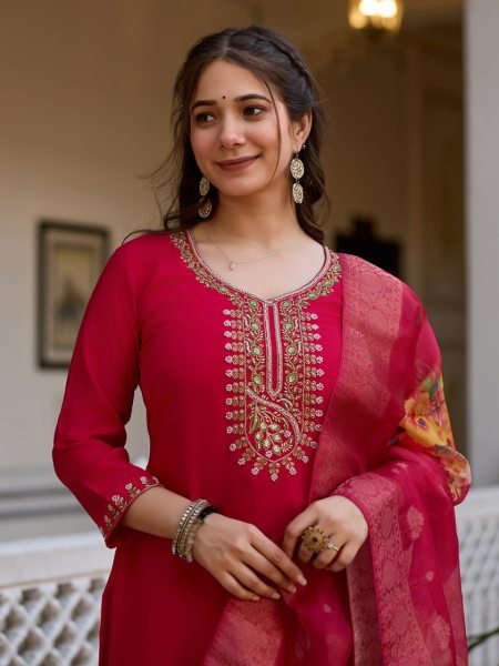 Bead Work Viscose Chanderi Kurti Suit Set with Printed Organza Dupatta Ready to Wear 3 Piece Set at Manufacturer Rate 3 Piece Kurti Set