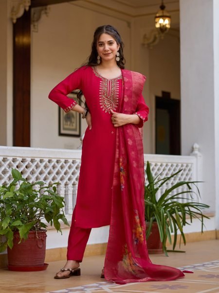 Bead Work Viscose Chanderi Kurti Suit Set with Printed Organza Dupatta Ready to Wear 3 Piece Set at Manufacturer Rate 3 Piece Kurti Set