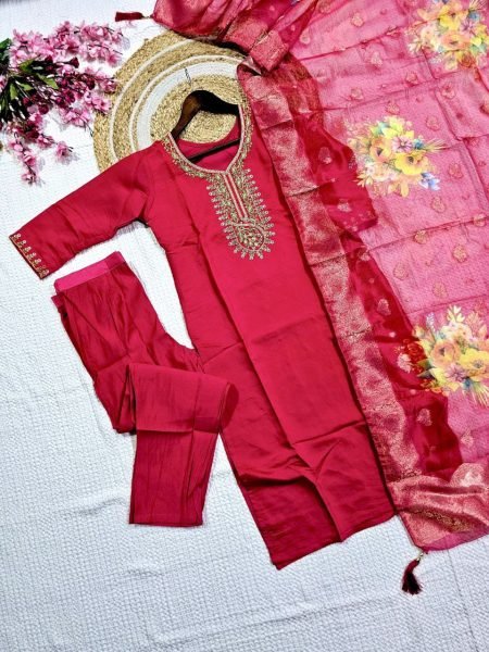 Bead Work Viscose Chanderi Kurti Suit Set with Printed Organza Dupatta Ready to Wear 3 Piece Set at Manufacturer Rate 3 Piece Kurti Set