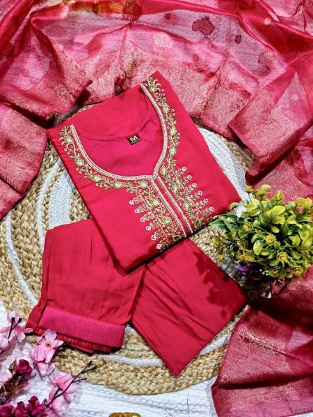 Bead Work Viscose Chanderi Kurti Suit Set with Printed Organza Dupatta Ready to Wear 3 Piece Set at Manufacturer Rate 3 Piece Kurti Set