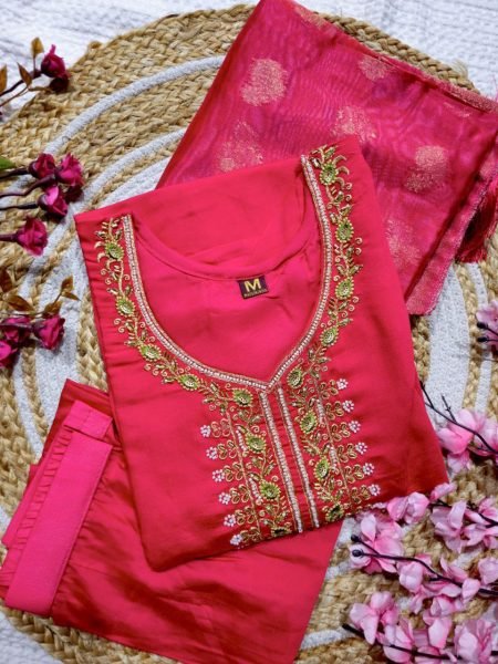 Bead Work Viscose Chanderi Kurti Suit Set with Printed Organza Dupatta Ready to Wear 3 Piece Set at Manufacturer Rate 3 Piece Kurti Set