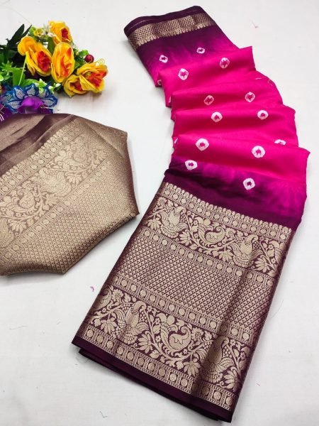 Beautiful Bandhej Sibbori Print all over saree with Pure Zari Weaving Border  Silk Sarees Wholesale