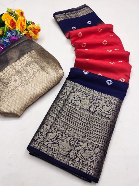 Beautiful Bandhej Sibbori Print all over saree with Pure Zari Weaving Border  Silk Sarees Wholesale