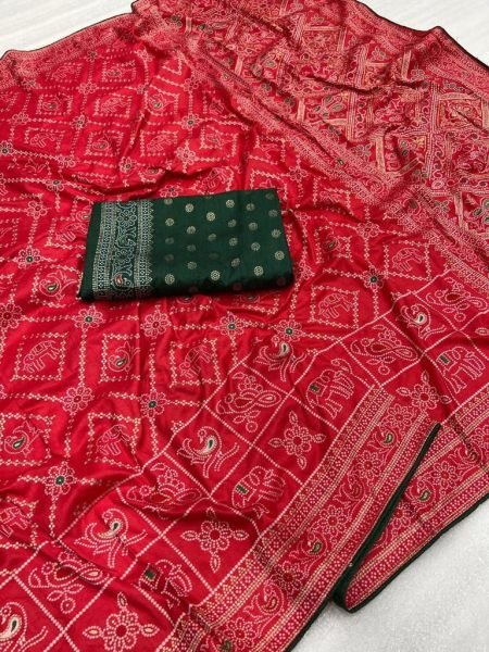 Beautiful Bandhej Weaving Work Dola Silk Saree Collections Silk Sarees Wholesale