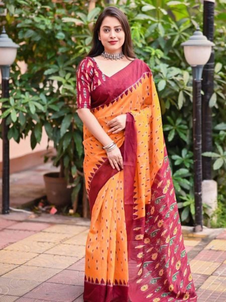Beautiful Beige Printed Linen Cotton Saree Pure Quality with Tassels Wholesale Price
