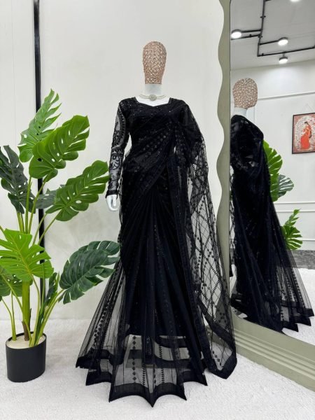 Beautiful Black Color Designer Soft Net Saree with Thred and Sequence work Silk Sarees Wholesale