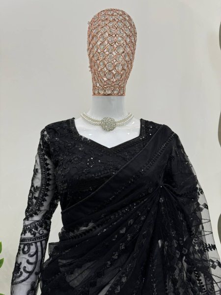 Beautiful Black Color Designer Soft Net Saree with Thred and Sequence work Silk Sarees Wholesale