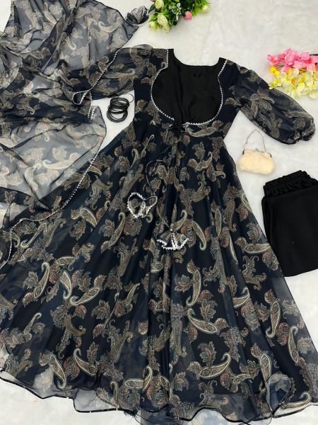 Beautiful Black Digital Print Georgette Anarkali Dress For Party  Ready To Wear Collection
