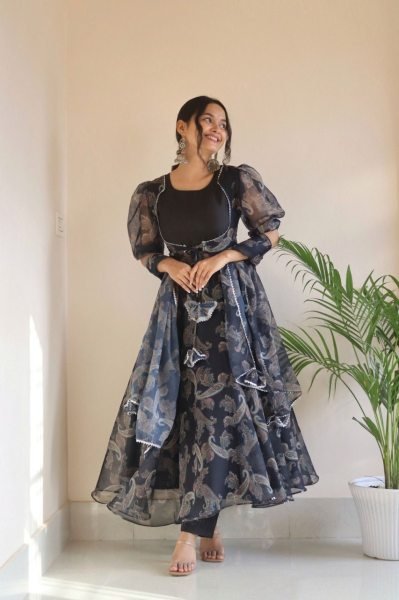 Beautiful Black Digital Print Georgette Anarkali Dress For Party  Ready To Wear Collection