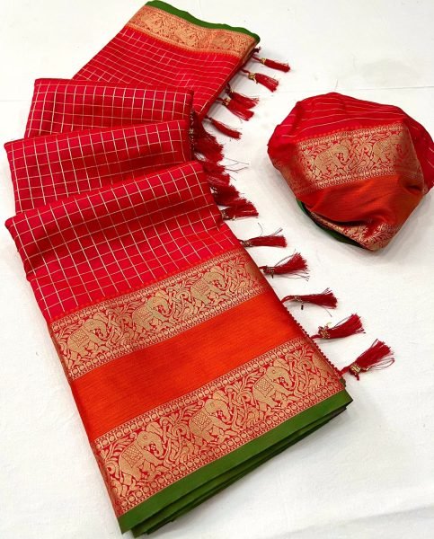 Beautiful chex weawing Zari design Soft  silk  Saree Silk Sarees Wholesale